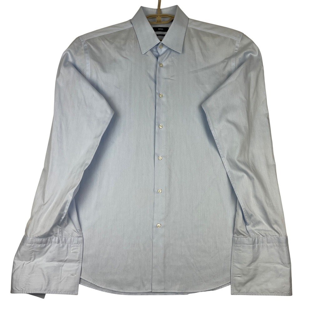 Hugo Boss Dress Shirt Mens 17 (43) Regular Fit Blue Herringbone French Cuff